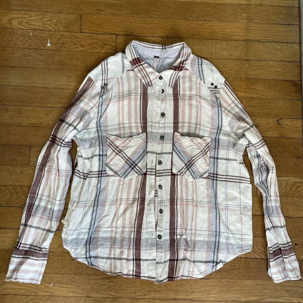 Free People Plaid Print Collared Long Sleeve Button Down Shirt Top medium